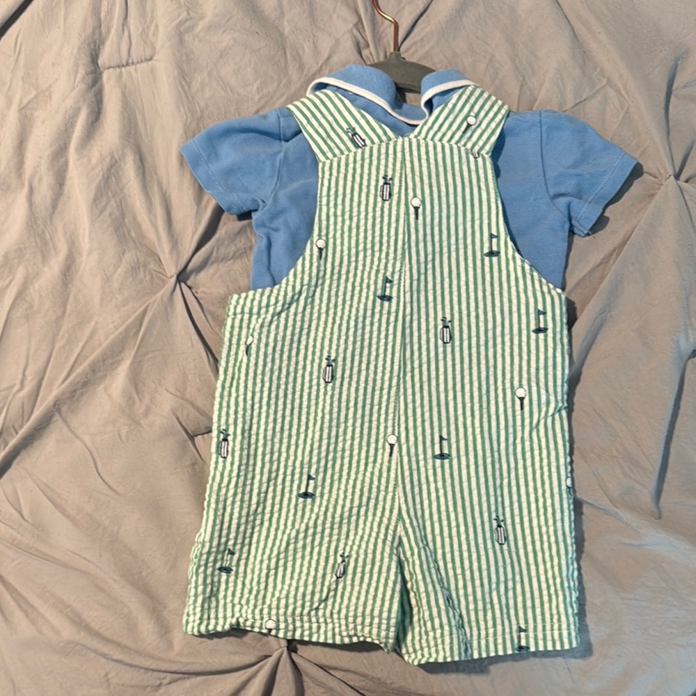 Green and Blue Striped Overalls for Playful Days - Picture 2 of 4